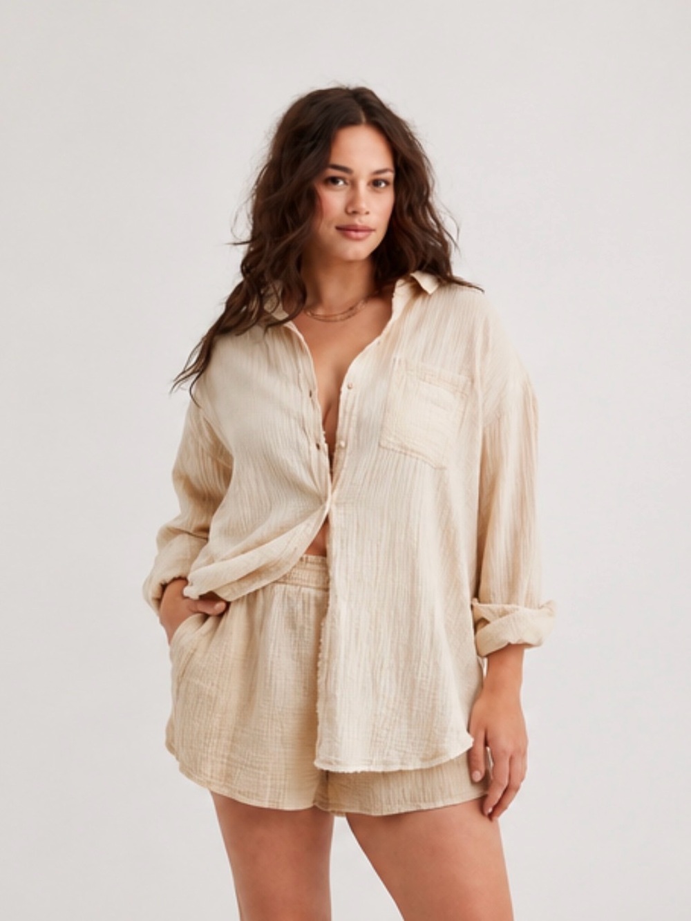 Aerie Cream Gauzy Coverup Shirt Size M